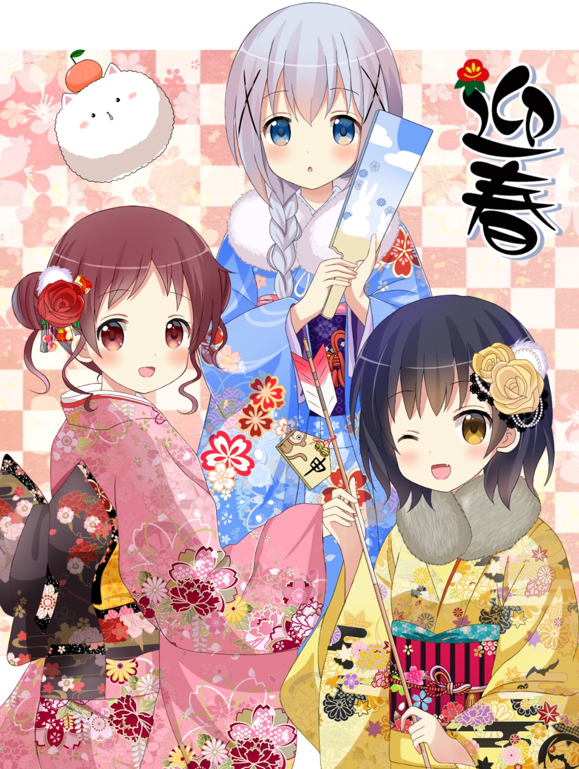 gochuumon_wa_usagi_desu_ka?, jouga_maya, kafuu_chino, kimono, natsu_megumi, ryoutan, tippy_(gochiusa)
