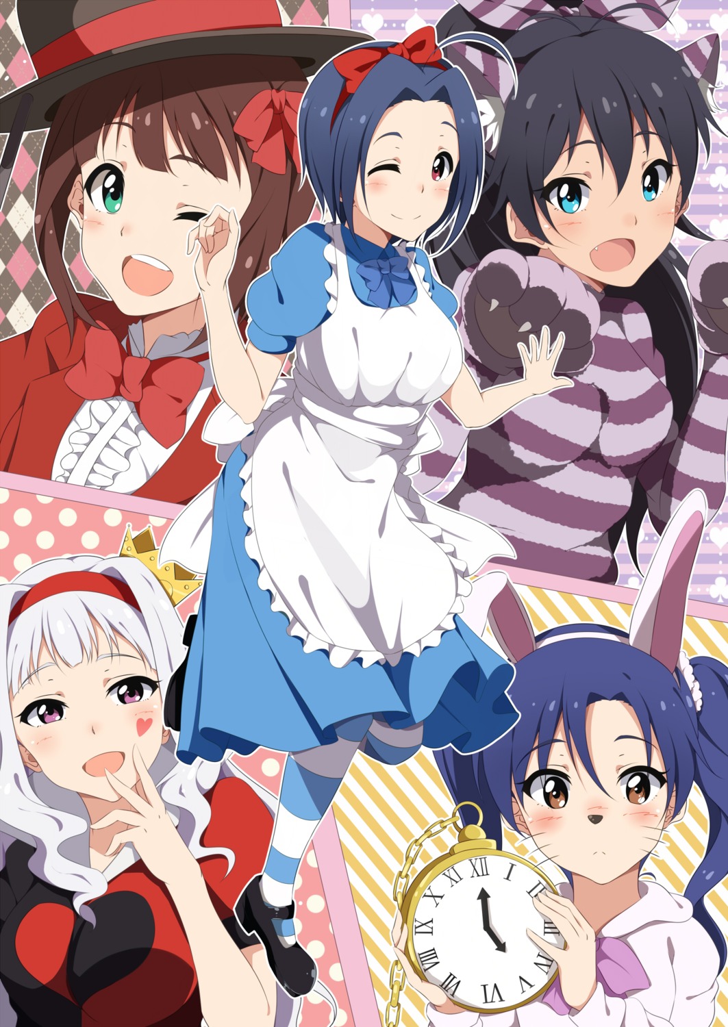 alice_in_wonderland, amami_haruka, animal_ears, bunny_ears, cosplay, dress, ganaha_hibiki, hitotsuki_nanoka, kisaragi_chihaya, miura_azusa, nekomimi, shijou_takane, the_idolm@ster