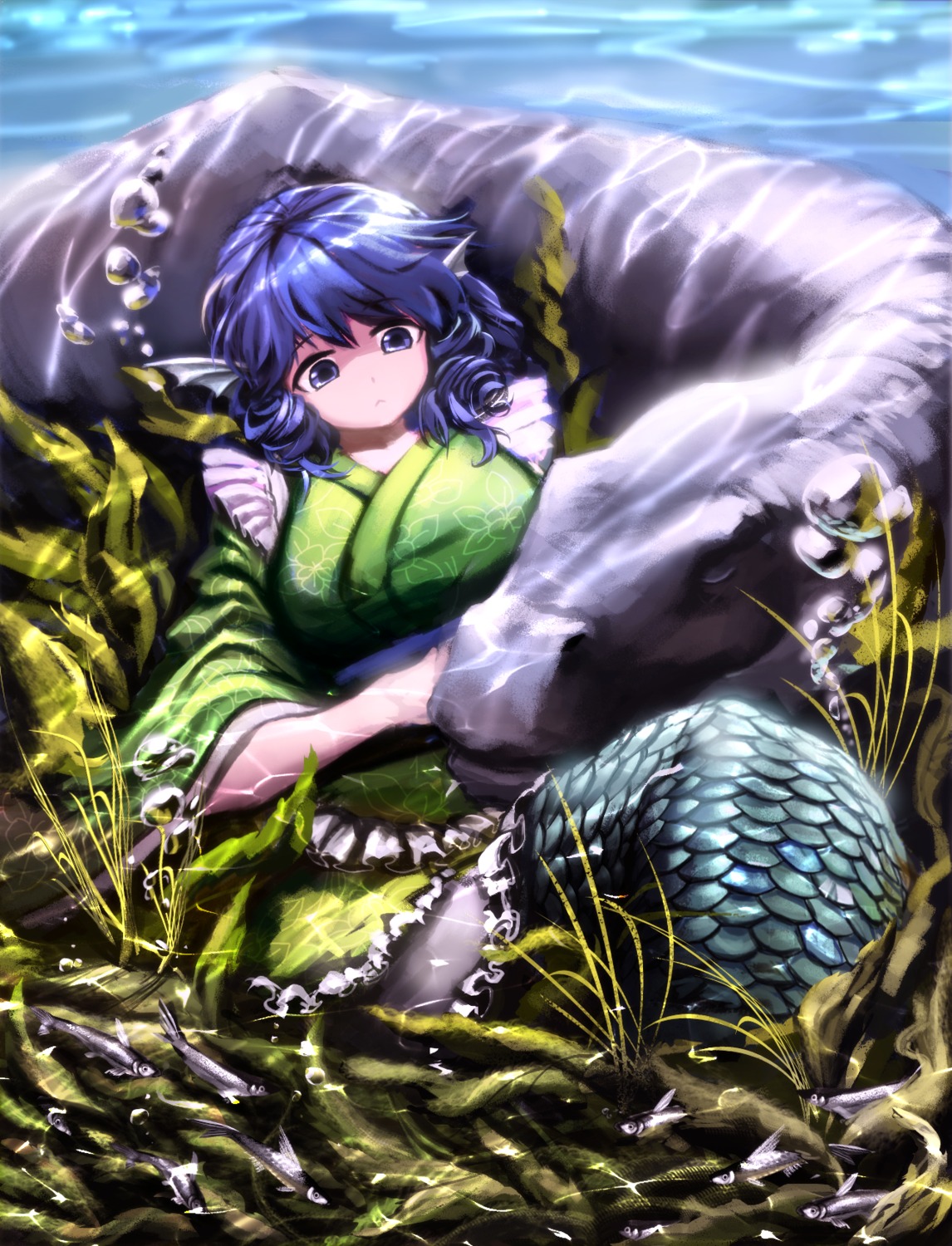 hijiwryyyyy, japanese_clothes, mermaid, monster_girl, touhou, wakasagihime