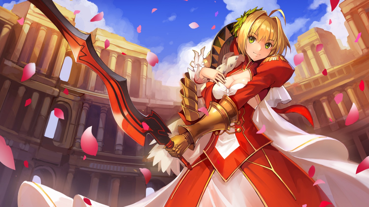 armor, cleavage, dress, fate/extra, fate/stay_night, nero_claudius_(fate), sword, yuki_(clydtc)