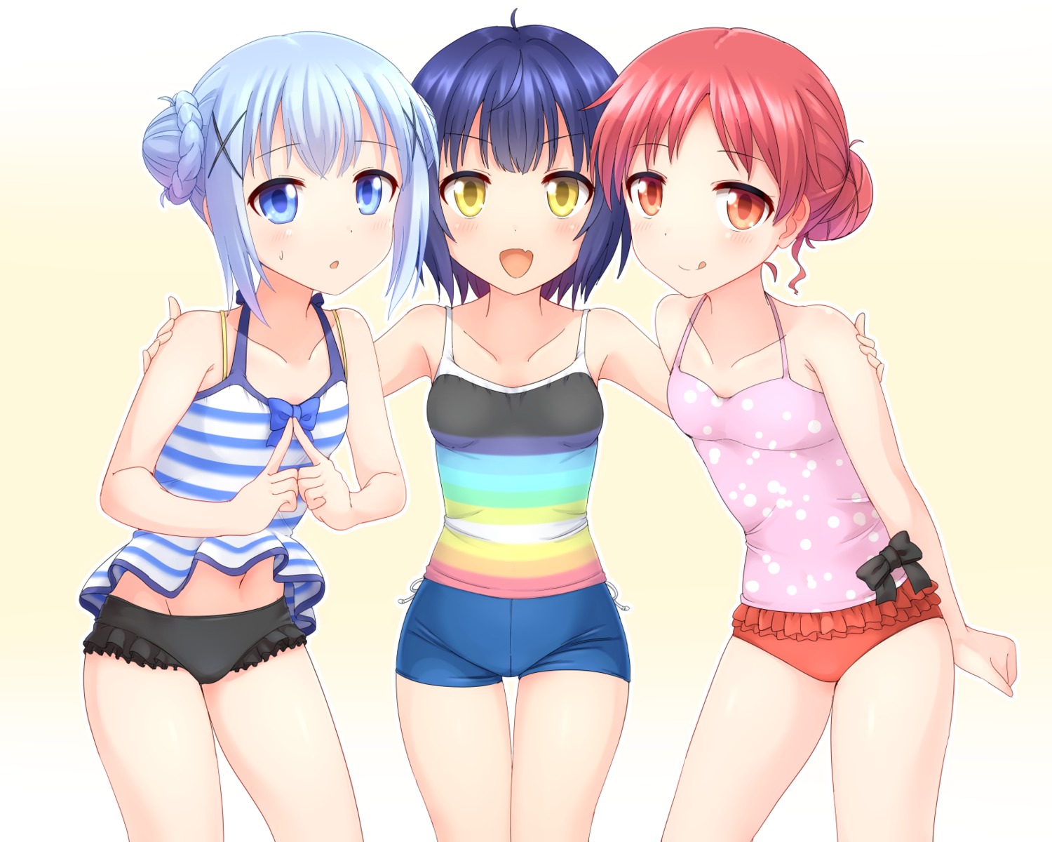faubynet, gochuumon_wa_usagi_desu_ka?, jouga_maya, kafuu_chino, natsu_megumi, swimsuits