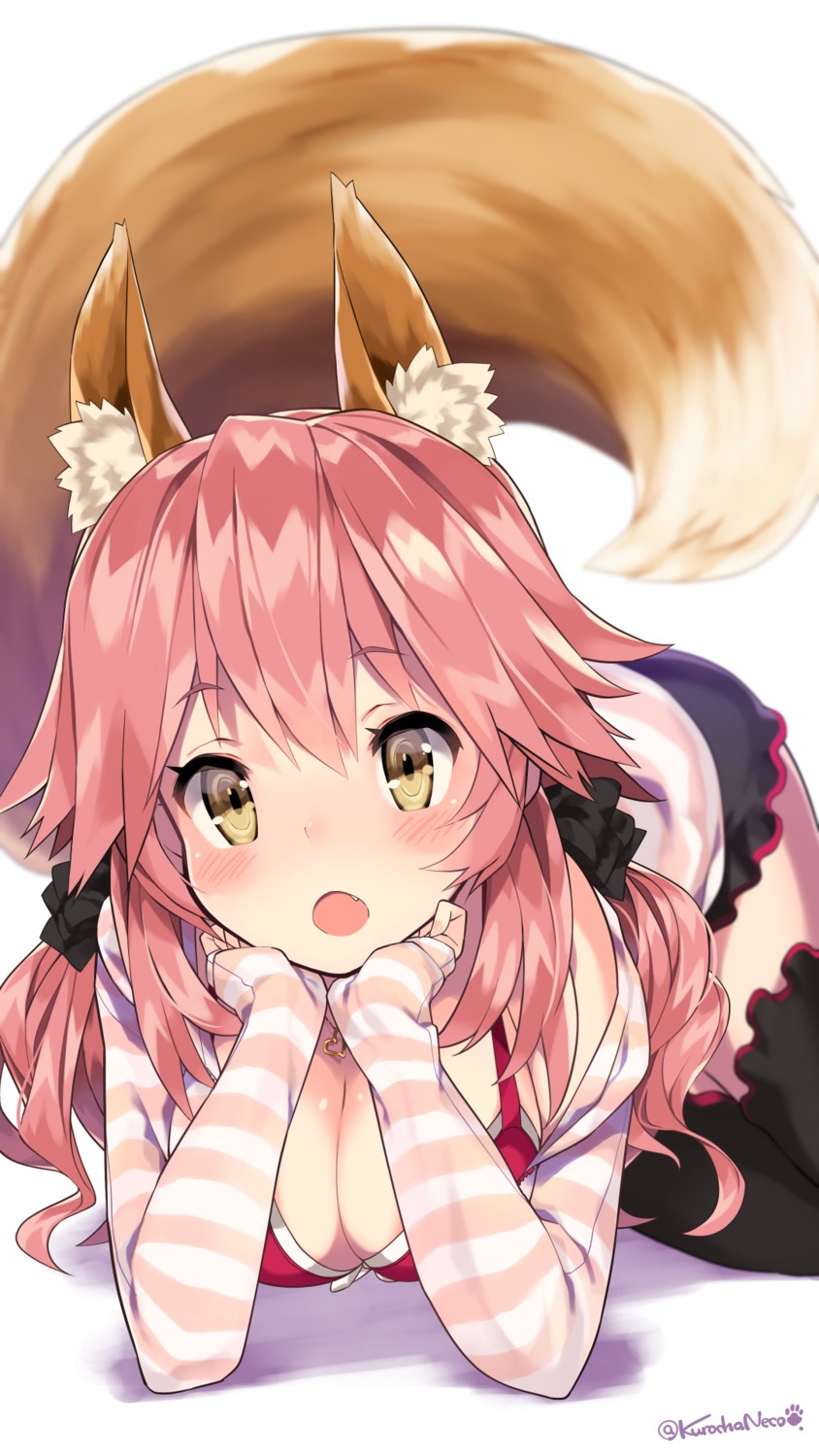 animal_ears, cleavage, fate/extra, fate/stay_night, kitsune, kuro_chairo_no_neko, tail, tamamo_no_mae