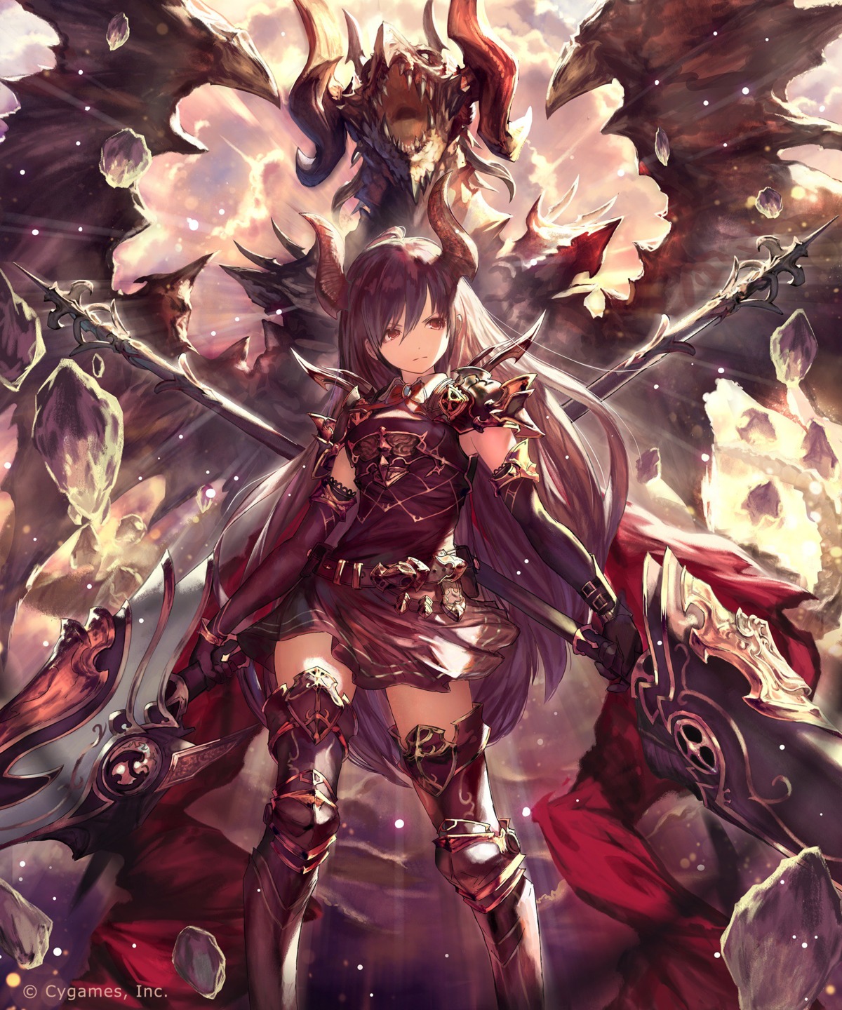 armor, dress, forte_(shingeki_no_bahamut), horns, jpeg_artifacts, monster, shingeki_no_bahamut, tachikawa_mushimaro