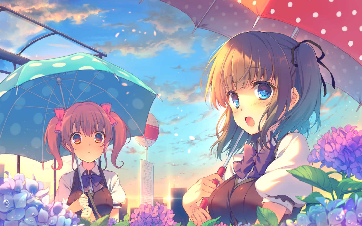 berry's, houkou_yuuka, reia, seifuku, tatsumi_wakaba, umbrella, wallpaper