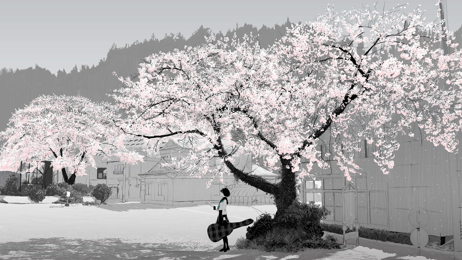 emukami, guitar, landscape, pantyhose, seifuku, wallpaper
