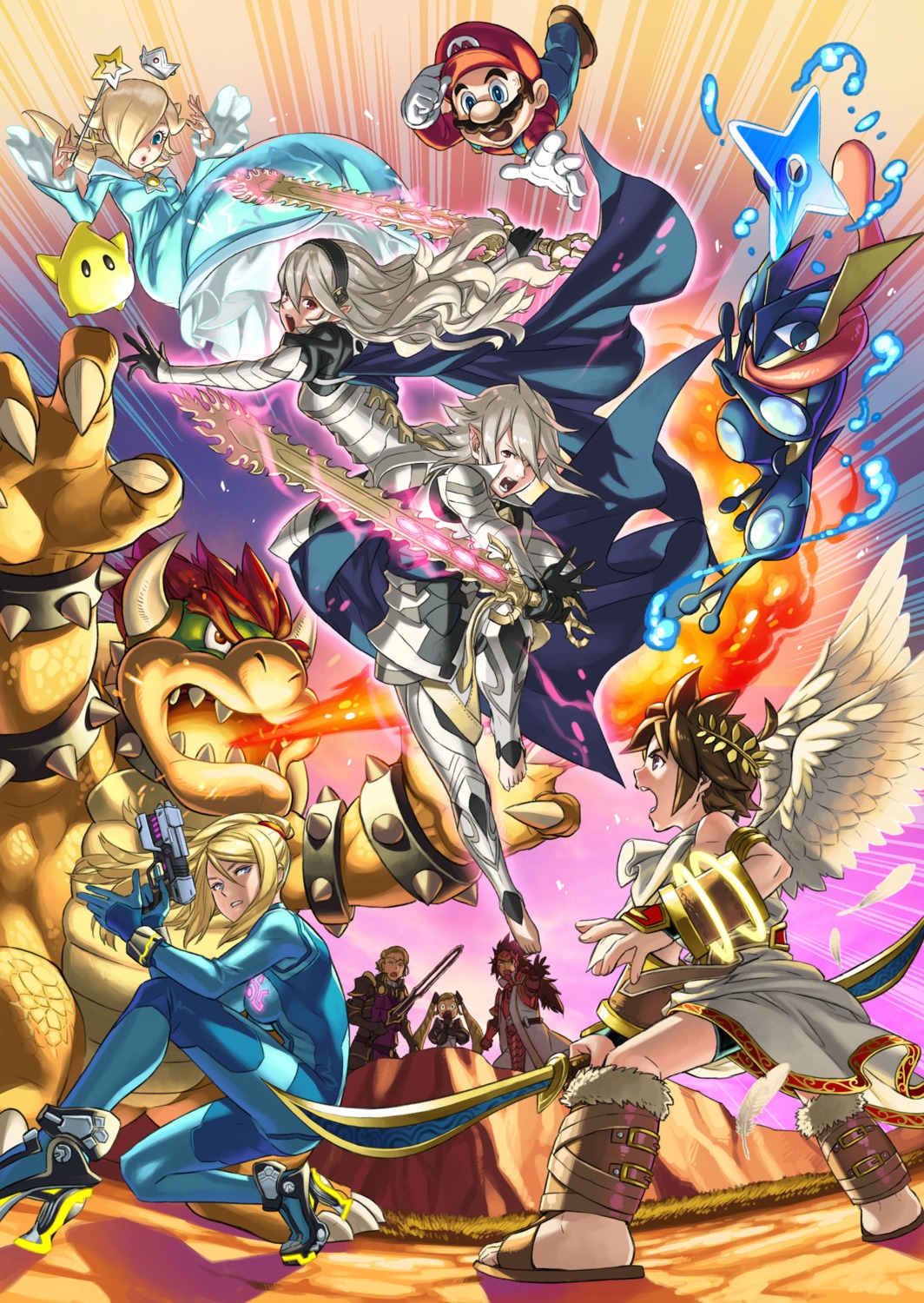 armor, bodysuit, bowser, crossover, dress, elis_(fire_emblem), fire_emblem, greninja, gun, heels, kamui_(fire_emblem), kozaki_yuusuke, mario, mario_bros., nintendo, pit, pointy_ears, pokemon, rosalina, ryoma_(fire_emblem), samus_aran, super_smash_bros., sword, weapon, wings, xander_(fire_emblem)