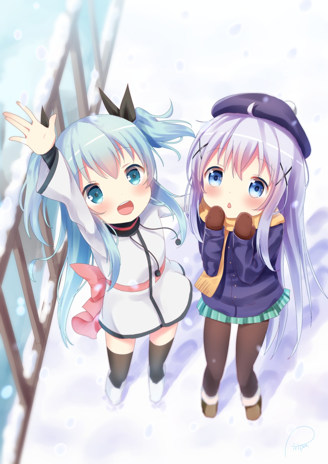 crossover, dress, gochuumon_wa_usagi_desu_ka?, kafuu_chino, noel_(sora_no_method), pantyhose, piripun, sora_no_method