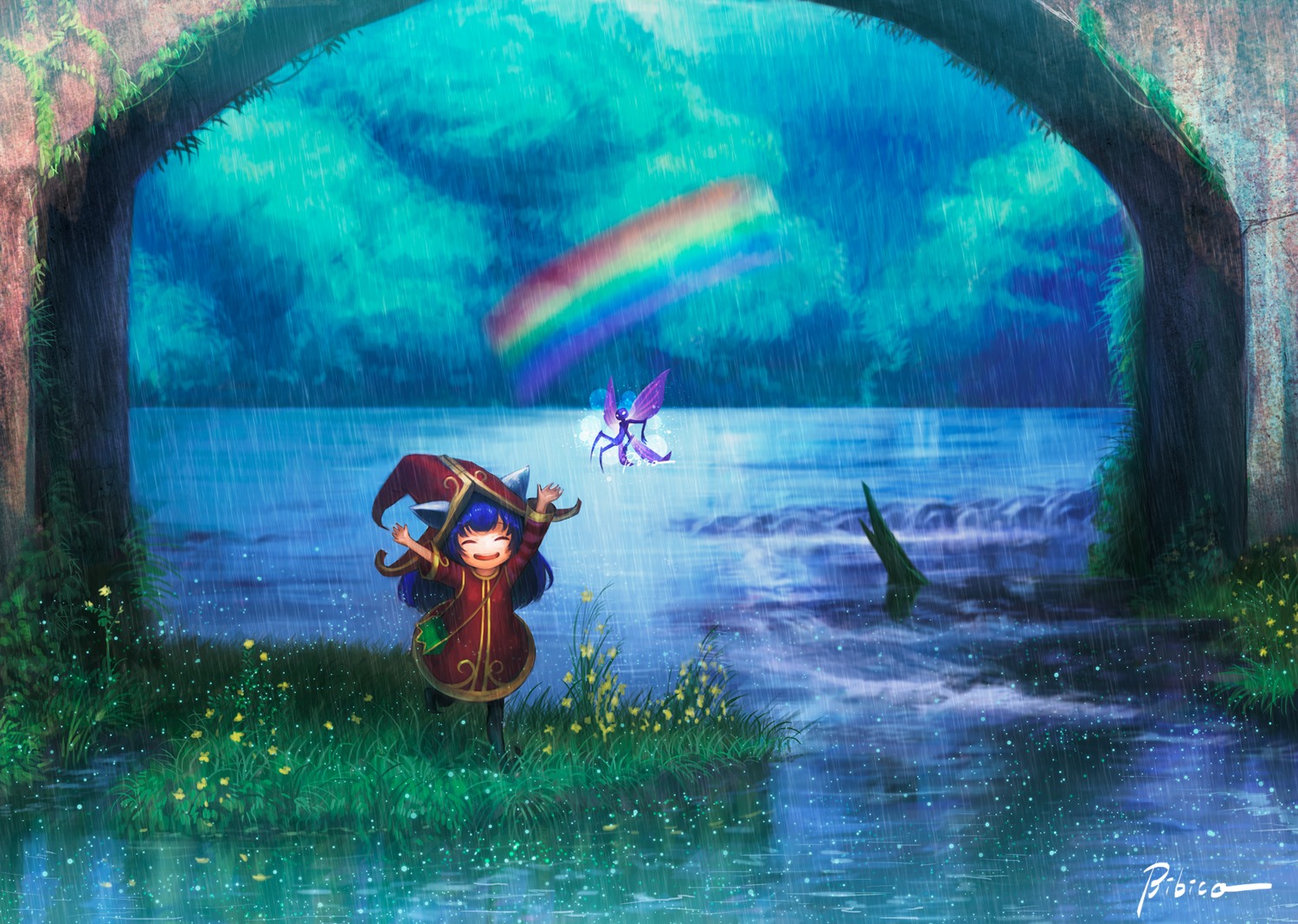 animal_ears, autographed, bibiko, dress, landscape, league_of_legends, lulu_(league_of_legends)