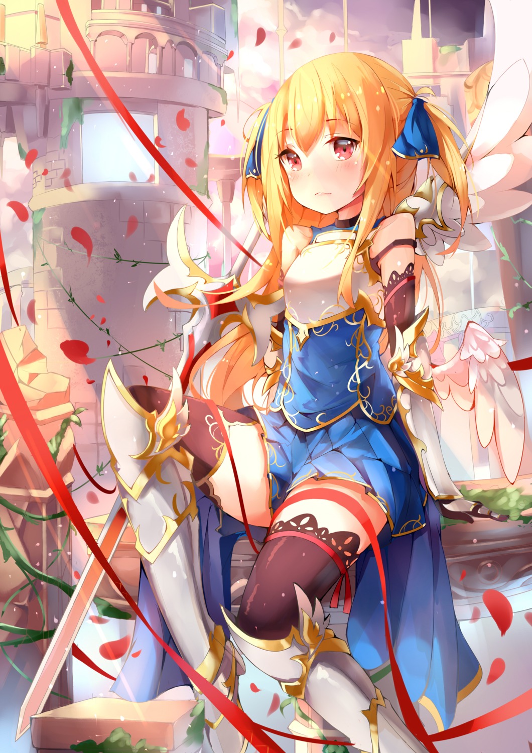 armor, mozhi, sword, thighhighs, wings
