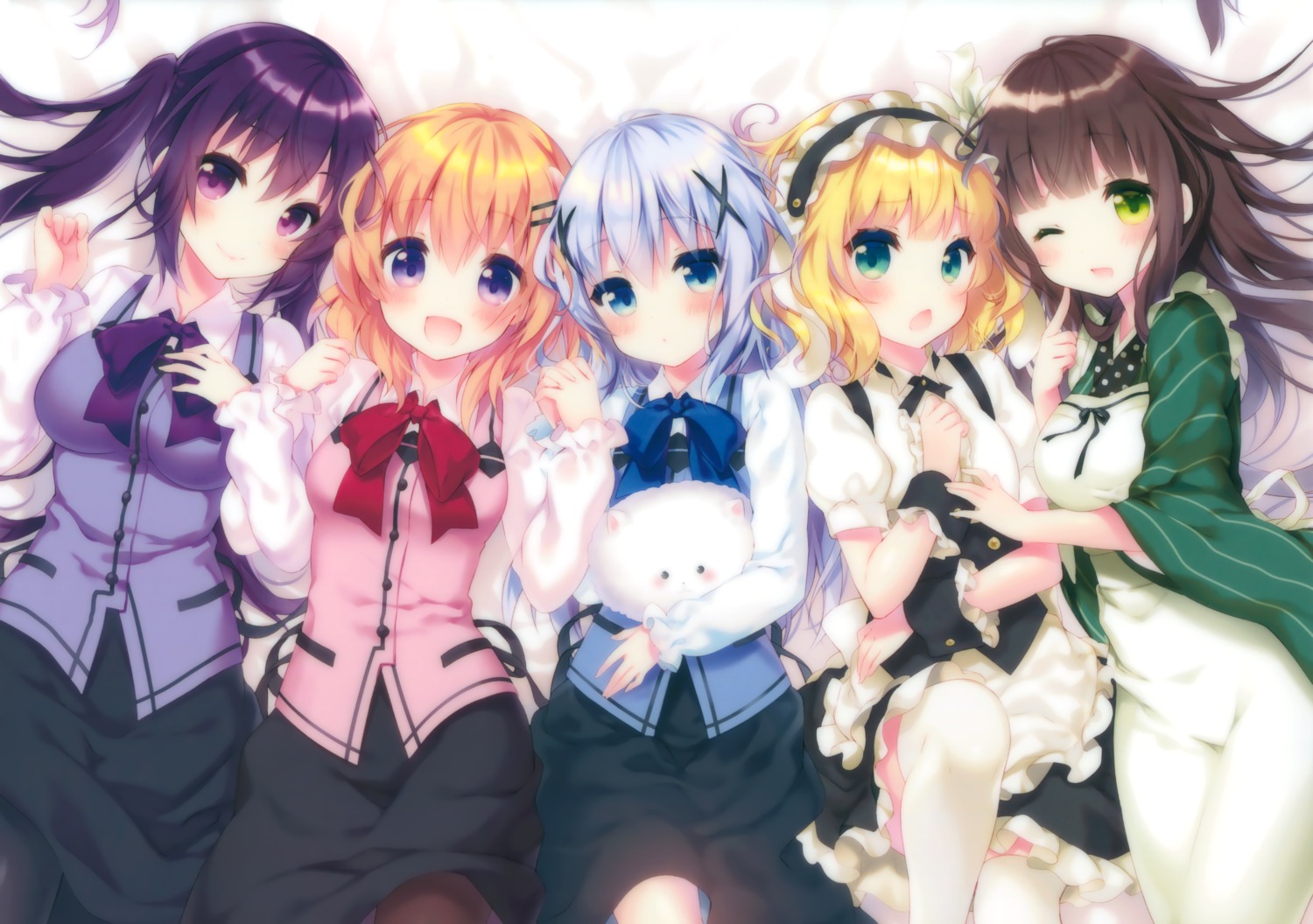eterna, gochuumon_wa_usagi_desu_ka?, hoto_cocoa, kafuu_chino, kiri, kirima_sharo, maid, pantyhose, riichu, seifuku, tedeza_rize, thighhighs, tippy_(gochiusa), ujimatsu_chiya, wa_maid, waitress