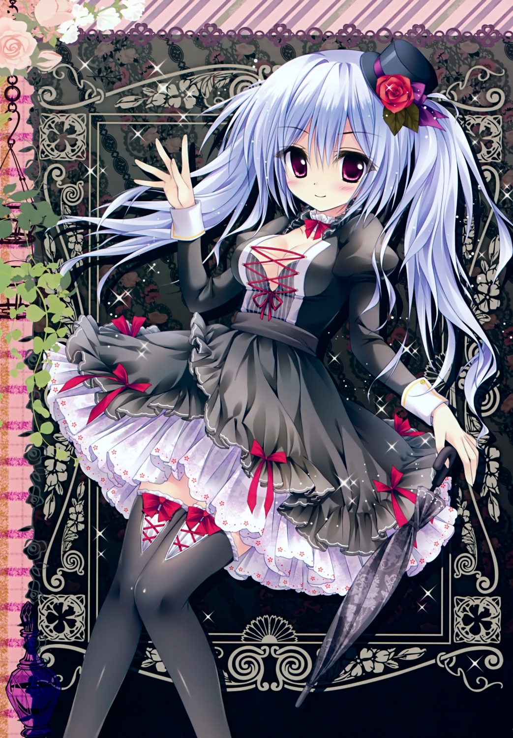 ame_zaiku, cleavage, dress, shiramori_yuse, thighhighs, umbrella