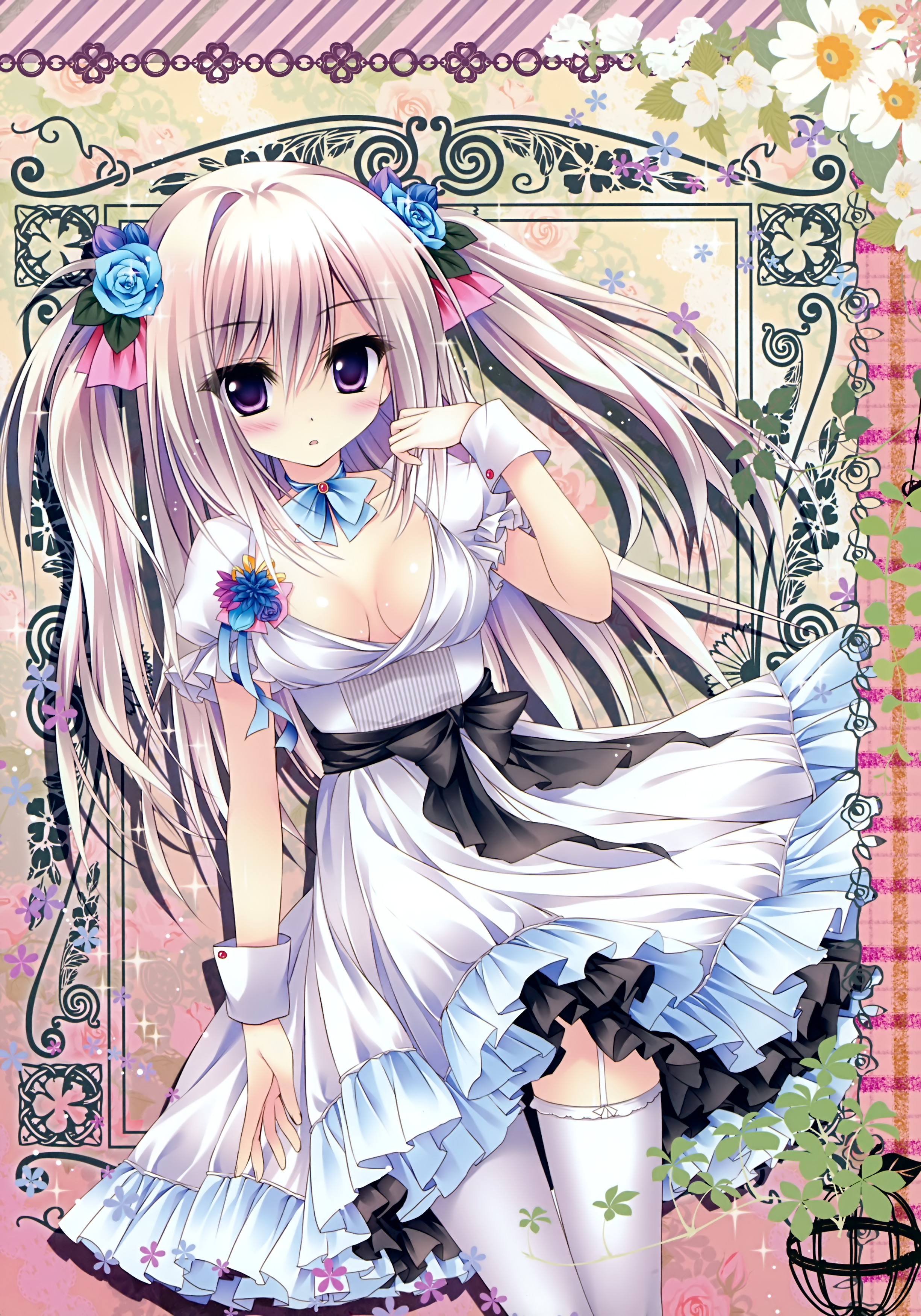 ame_zaiku, cleavage, dress, shiramori_yuse, stockings, thighhighs