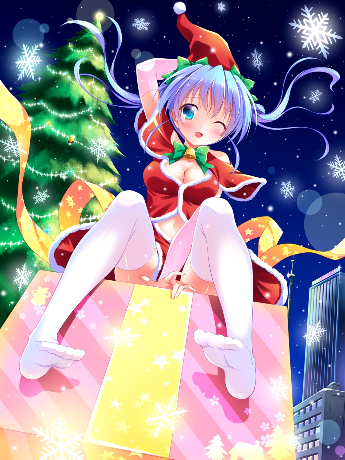 christmas, cleavage, feet, no_bra, thighhighs, yagami-all_hail_nanao