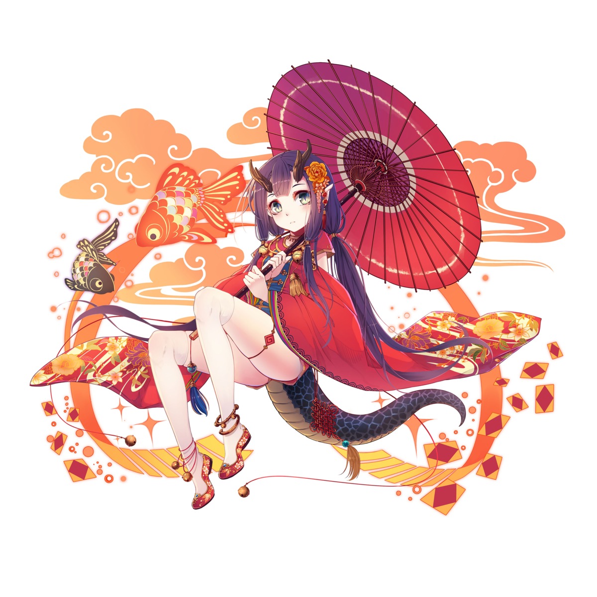 horns, pointy_ears, tail, thighhighs, umbrella, wait