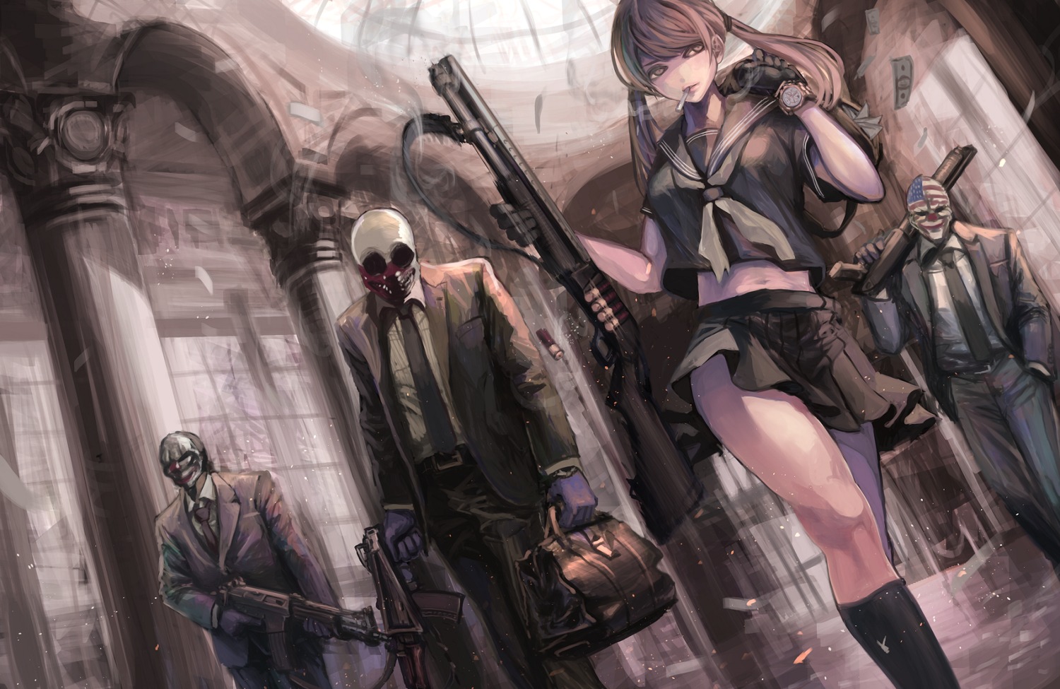 business_suit, gun, payday, seifuku, smoking, terabyte_(rook777)