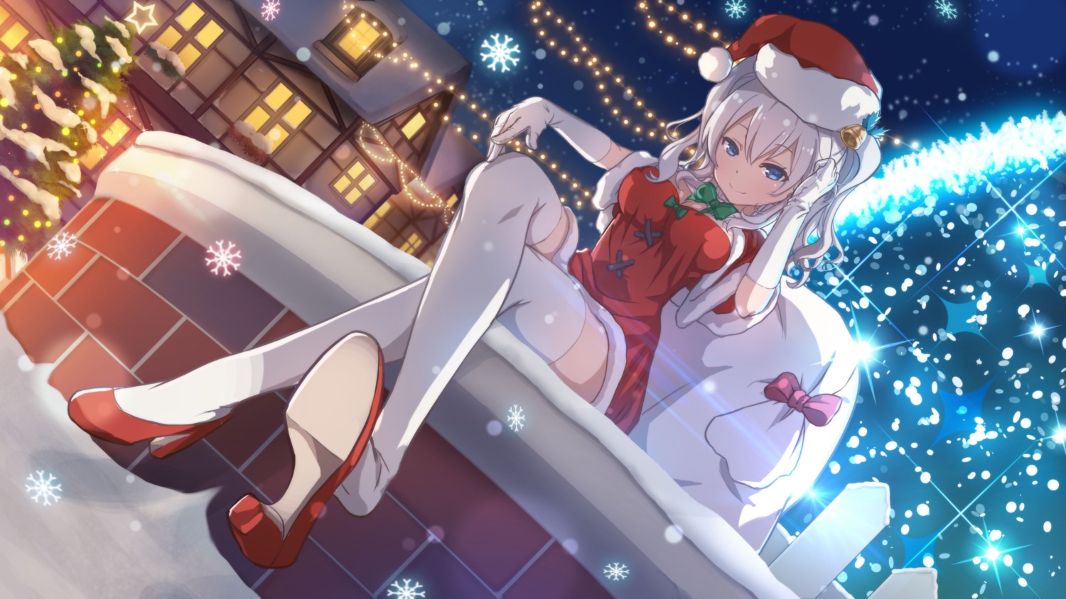 christmas, cleavage, dress, heels, kantai_collection, kashima_(kancolle), poly, thighhighs