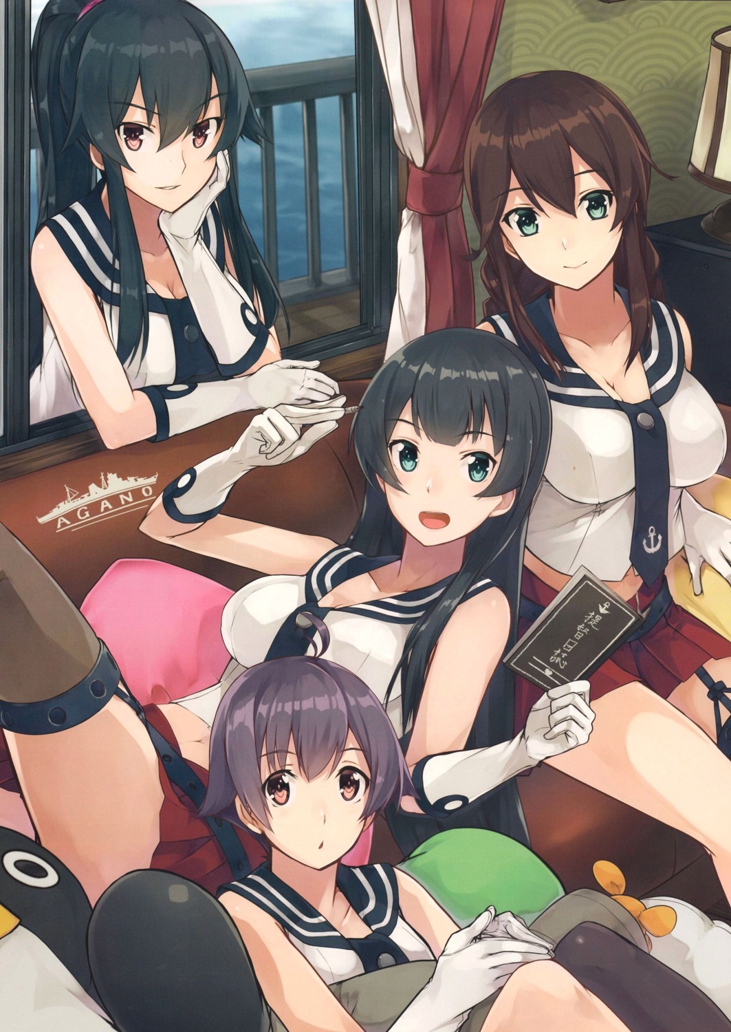 agano_(kancolle), cleavage, kantai_collection, konishi, noshiro_(kancolle), sakawa_(kancolle), seifuku, stockings, thighhighs, yahagi_(kancolle)