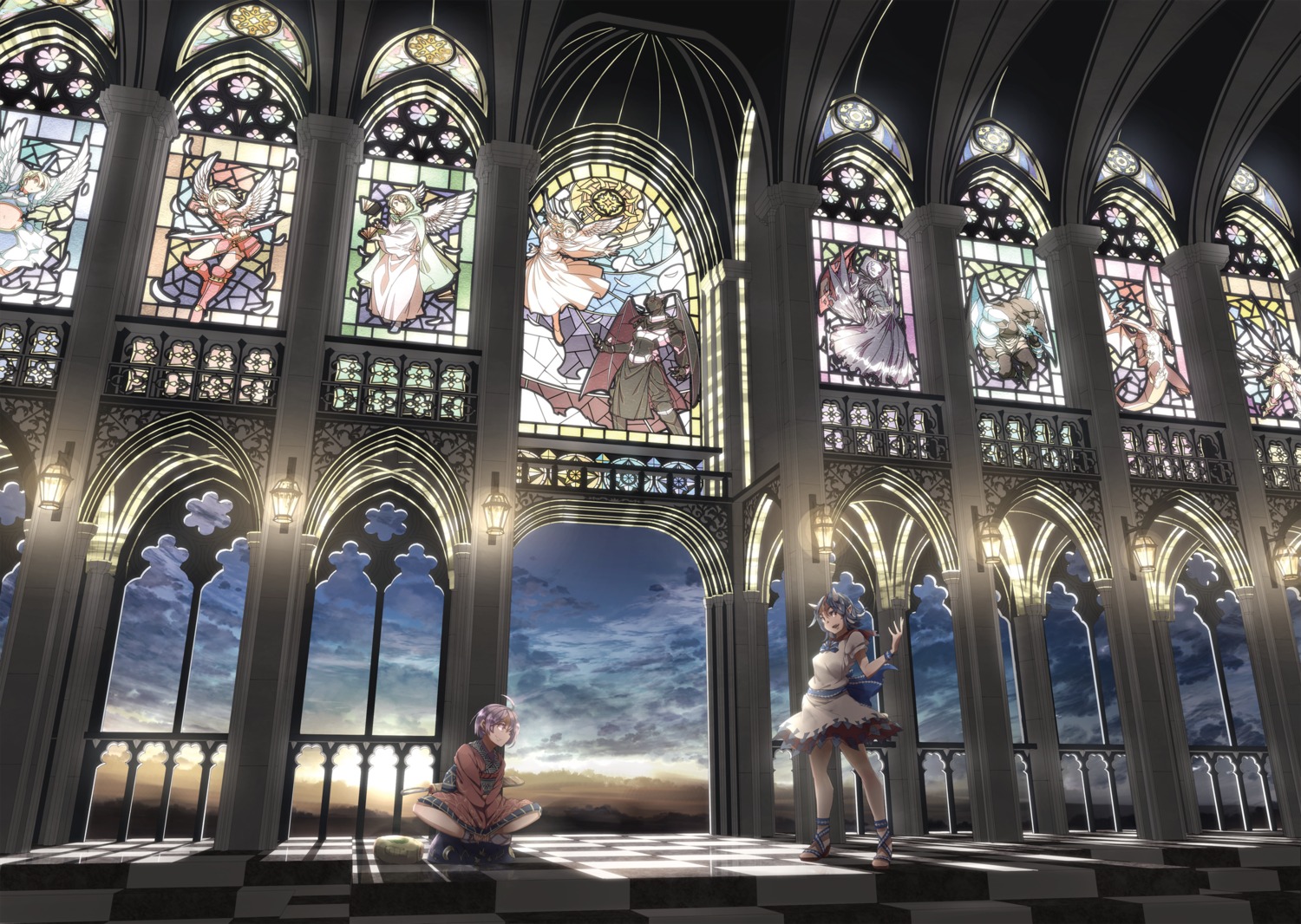 armor, dress, heels, kijin_seija, landscape, peregrine, sukuna_shinmyoumaru, sword, tail, touhou, weapon, wings