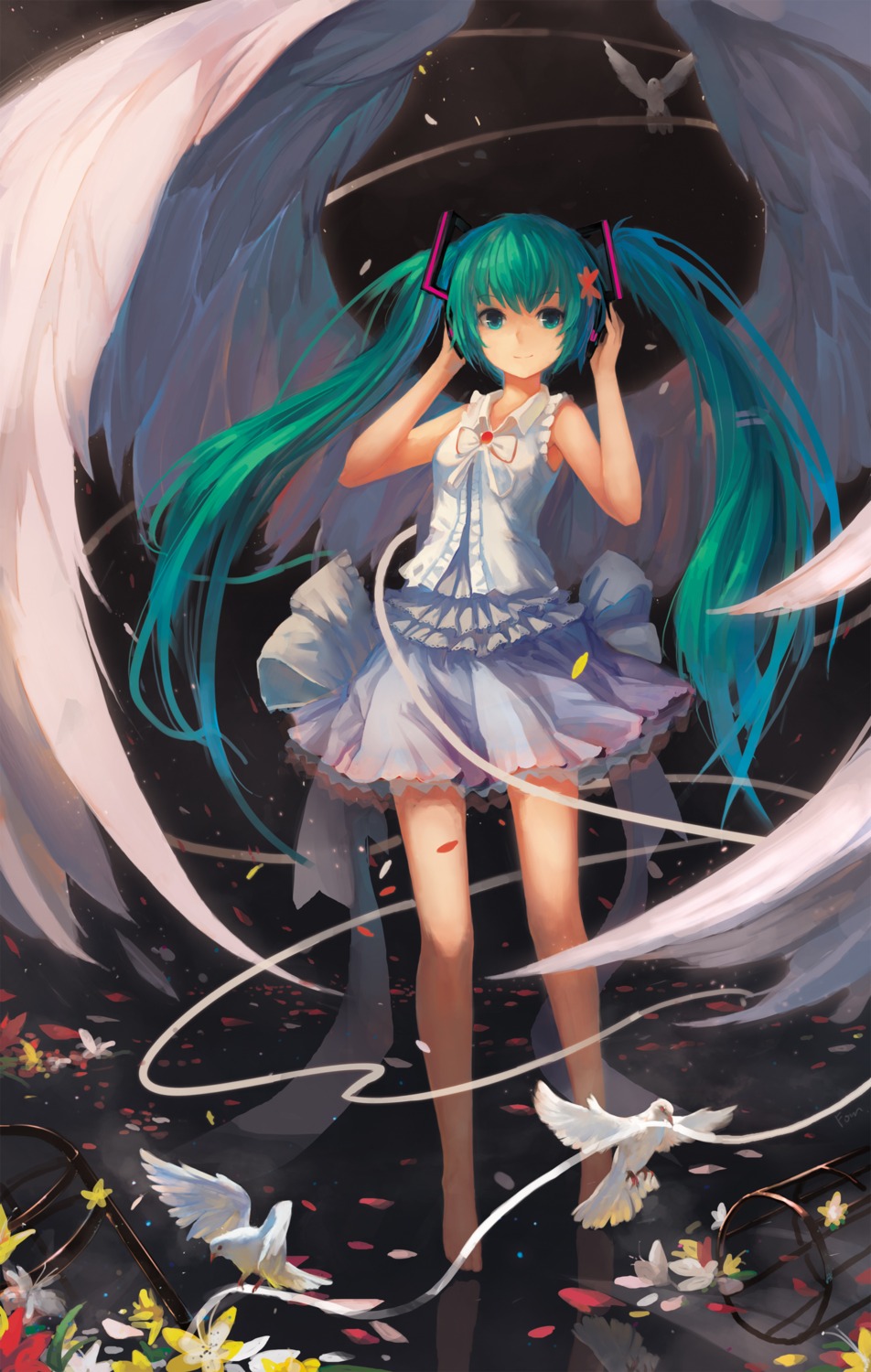 dress, fom, hatsune_miku, headphones, vocaloid, wings