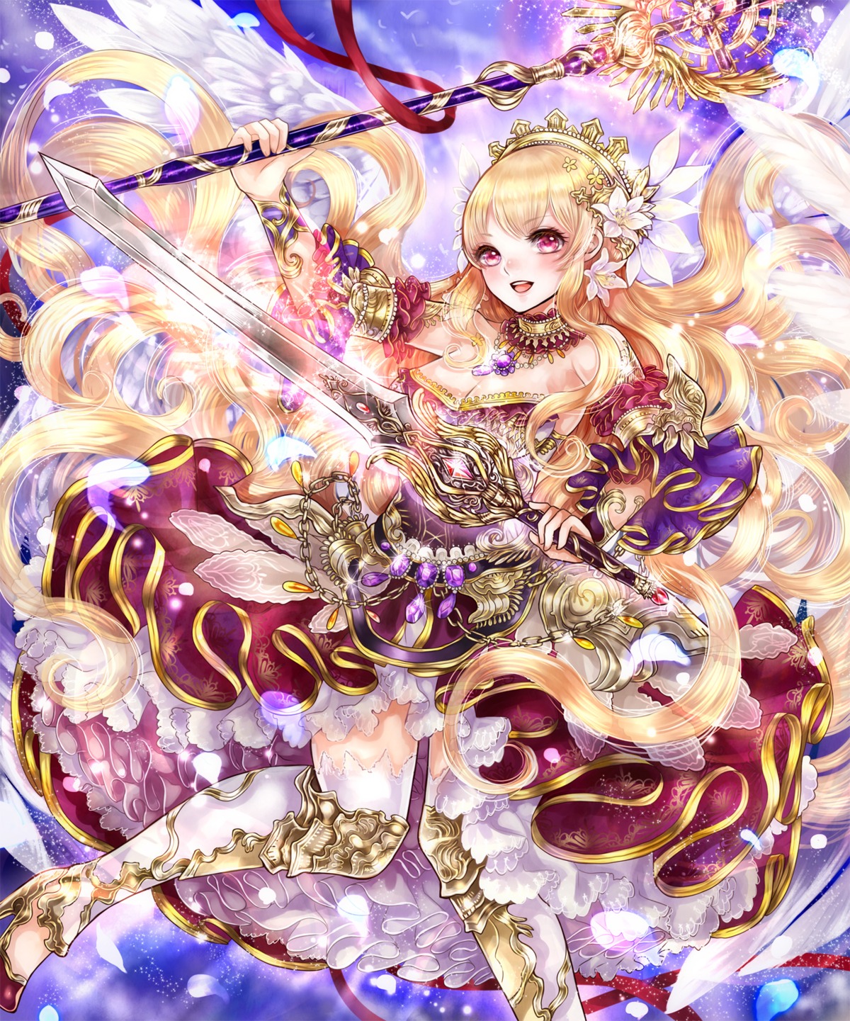 armor, cleavage, dress, haruci, heels, sword, thighhighs, weapon