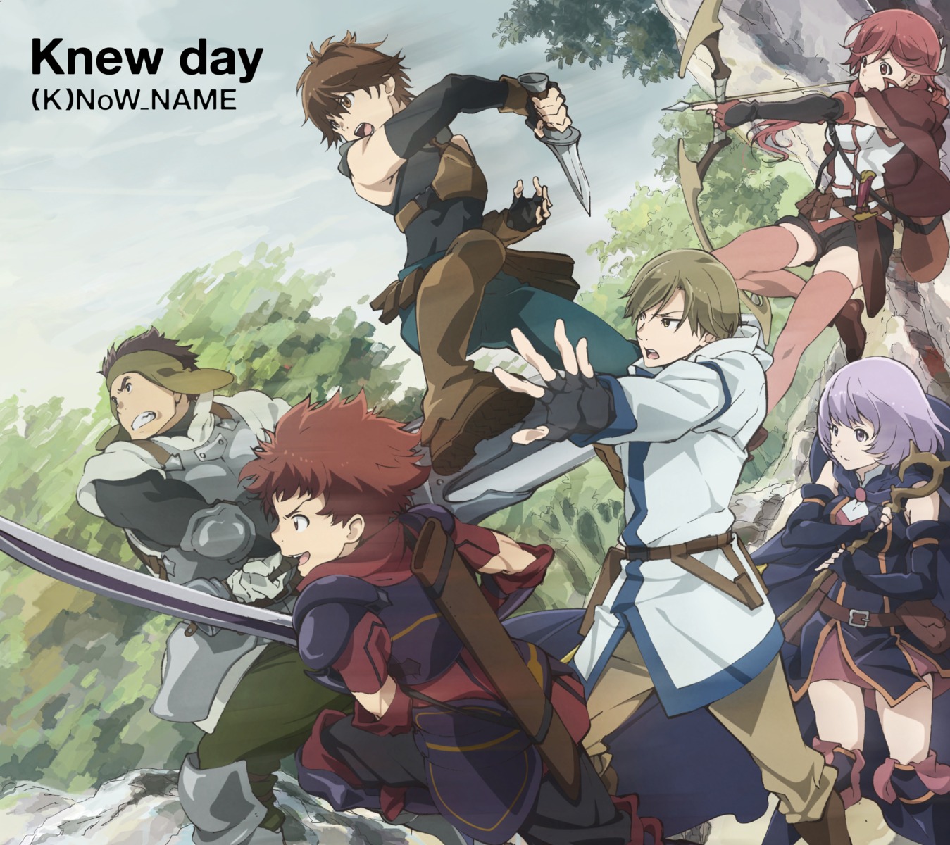 armor, disc_cover, hai_to_gensou_no_grimgar, haruhiro, manato, moguzo, ranta, shihoru, sword, thighhighs, weapon, yume_(grimgar)
