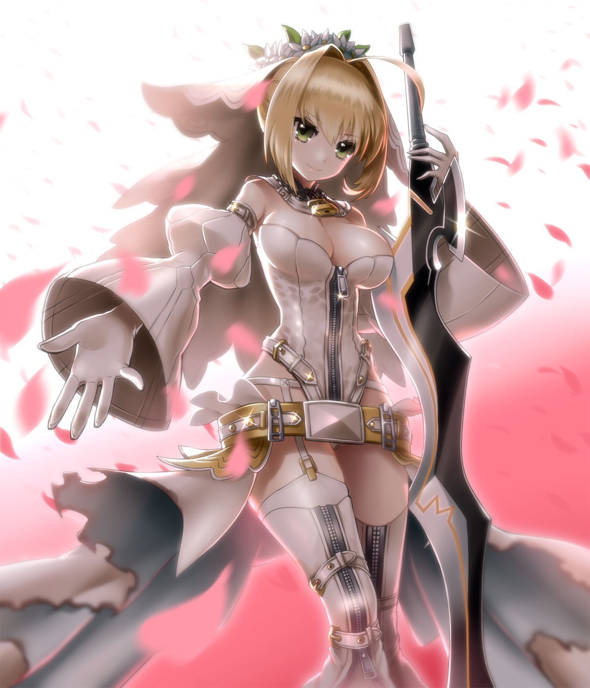 cleavage, fate/extra, fate/extra_ccc, fate/stay_night, kurobuchi_numama, leotard, nero_claudius_(fate), stockings, sword, thighhighs, torn_clothes