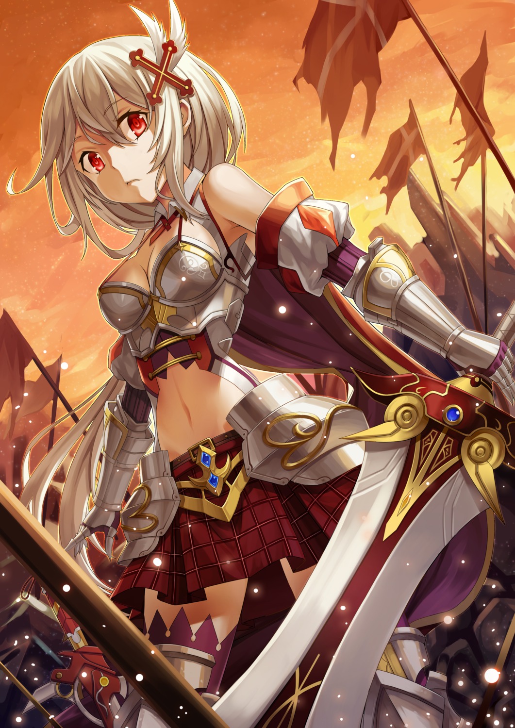 armor, cleavage, ling_si, sword, thighhighs