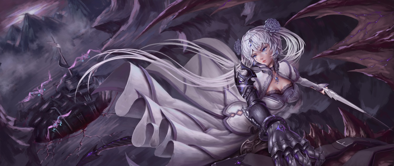 armor, brilliant_naraku, cleavage, dress, sword