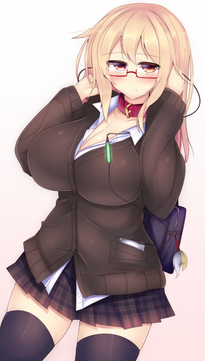 cleavage, kubiwa_(kutan), kutan, megane, seifuku, sweater, thighhighs