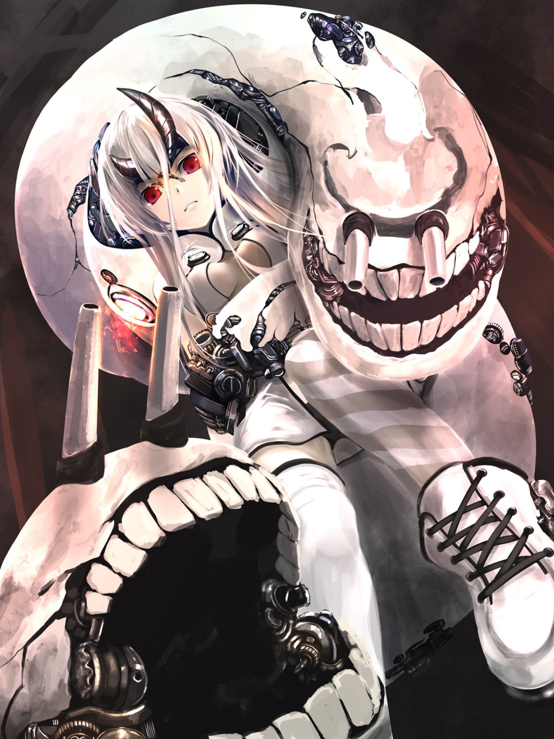 cleavage, heavy_cruiser_hime, horns, kantai_collection, kouji_(astral_reverie), no_bra, thighhighs