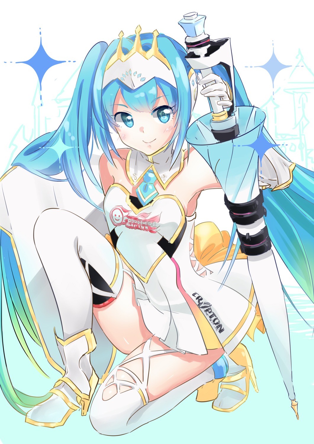 agonasubi, dress, goodsmile_racing, hatsune_miku, heels, racing_miku, thighhighs, umbrella