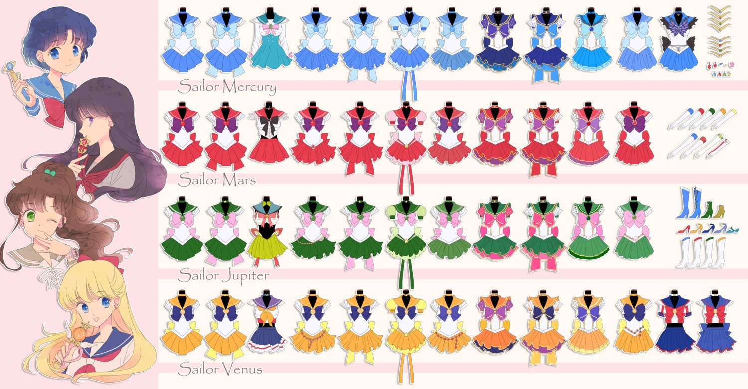 aino_minako, bishoujo_senshi_sailor_moon, character_design, heels, hino_rei, kino_makoto, mizuno_ami, saki_(hxaxcxk), seifuku, weapon