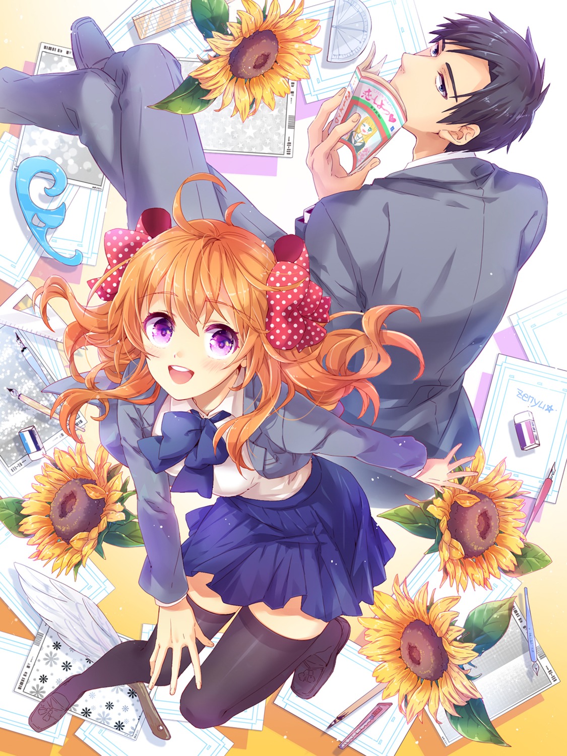 gekkan_shoujo_nozaki-kun, nozaki_umetarou, sakura_chiyo, seifuku, thighhighs, zenyu