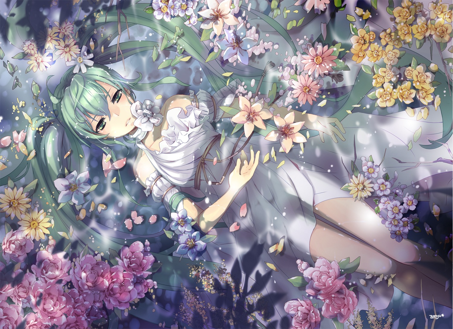 dress, hatsune_miku, see_through, vocaloid, wet, wet_clothes, zenyu