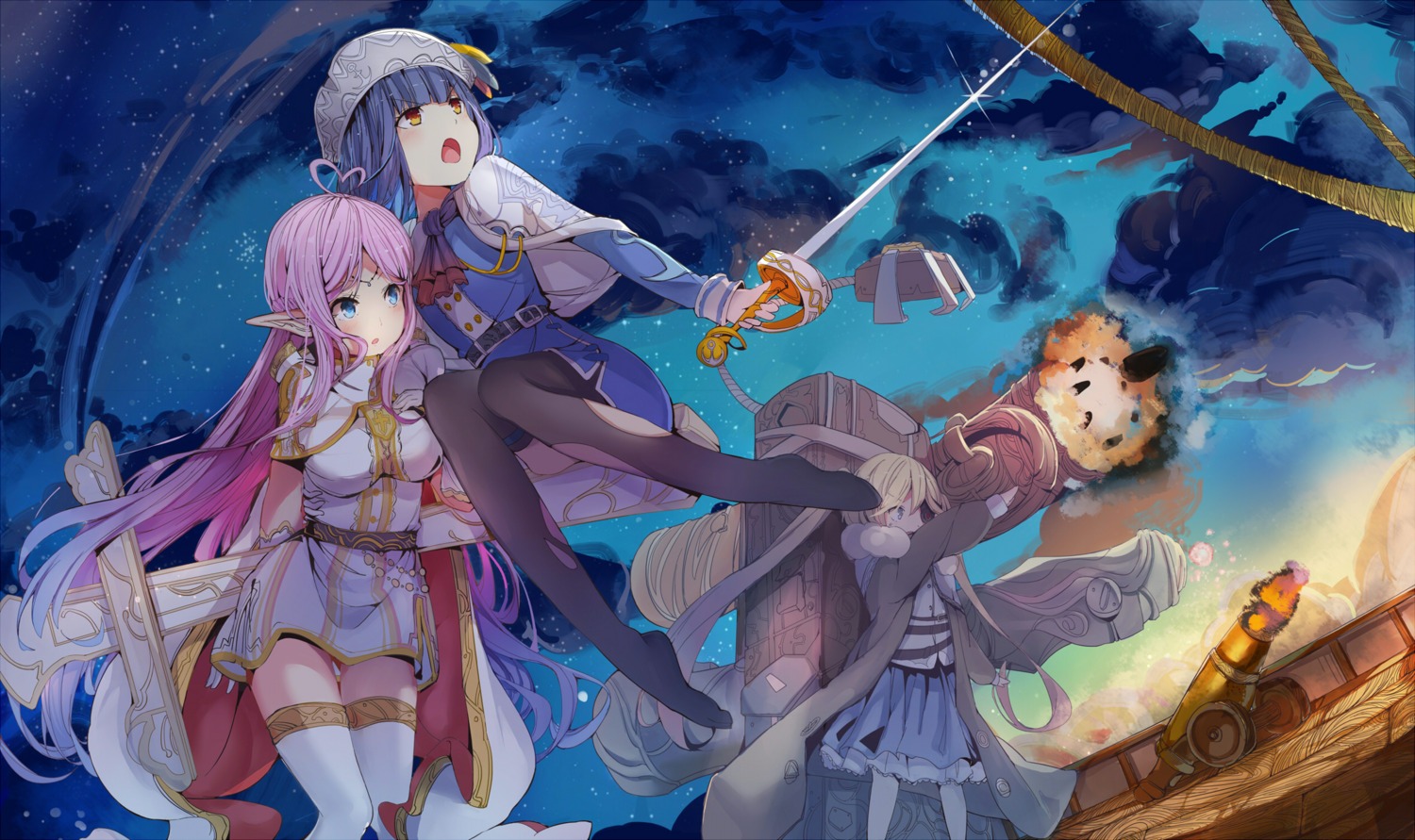 dress, elf, eyepatch, pointy_ears, sword, thighhighs, torn_clothes, weapon, zzzzxxx2010nian