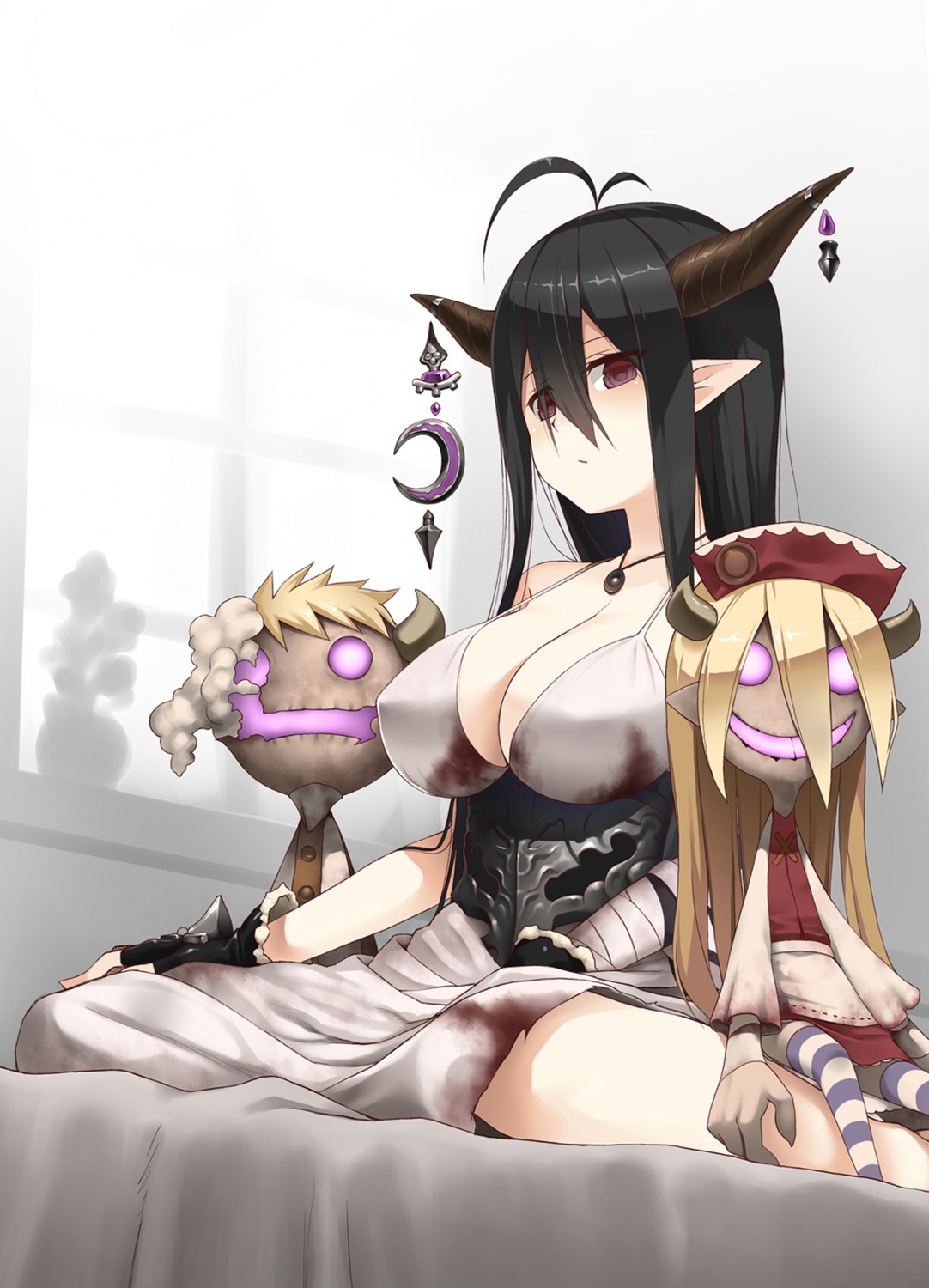 blood, cleavage, danua, dress, granblue_fantasy, horns, kamata_yuuya, pointy_ears