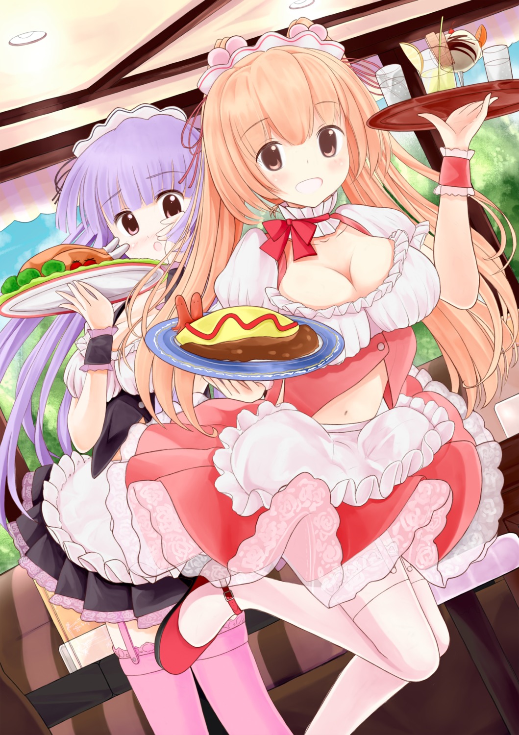 cleavage, garter_belt, hyenamor, maid, see_through, stockings, thighhighs, waitress