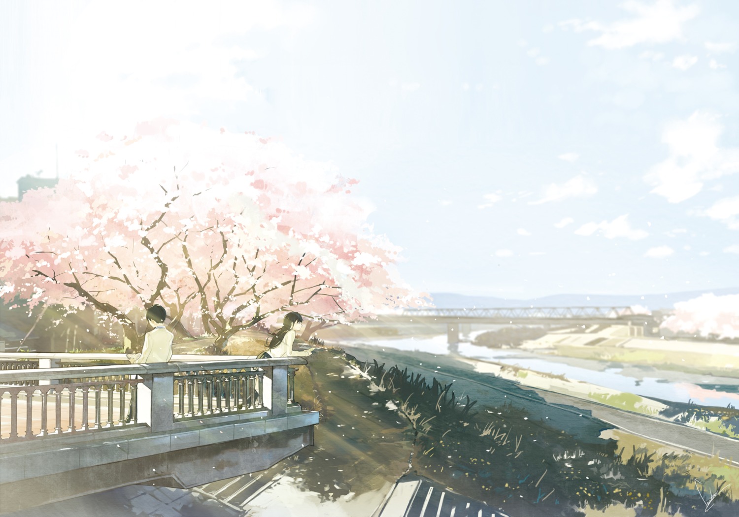 kimi_no_suizou_wo_tabetai, landscape, loundraw, seifuku, shiga_haruki, sweater, yamauchi_sakura