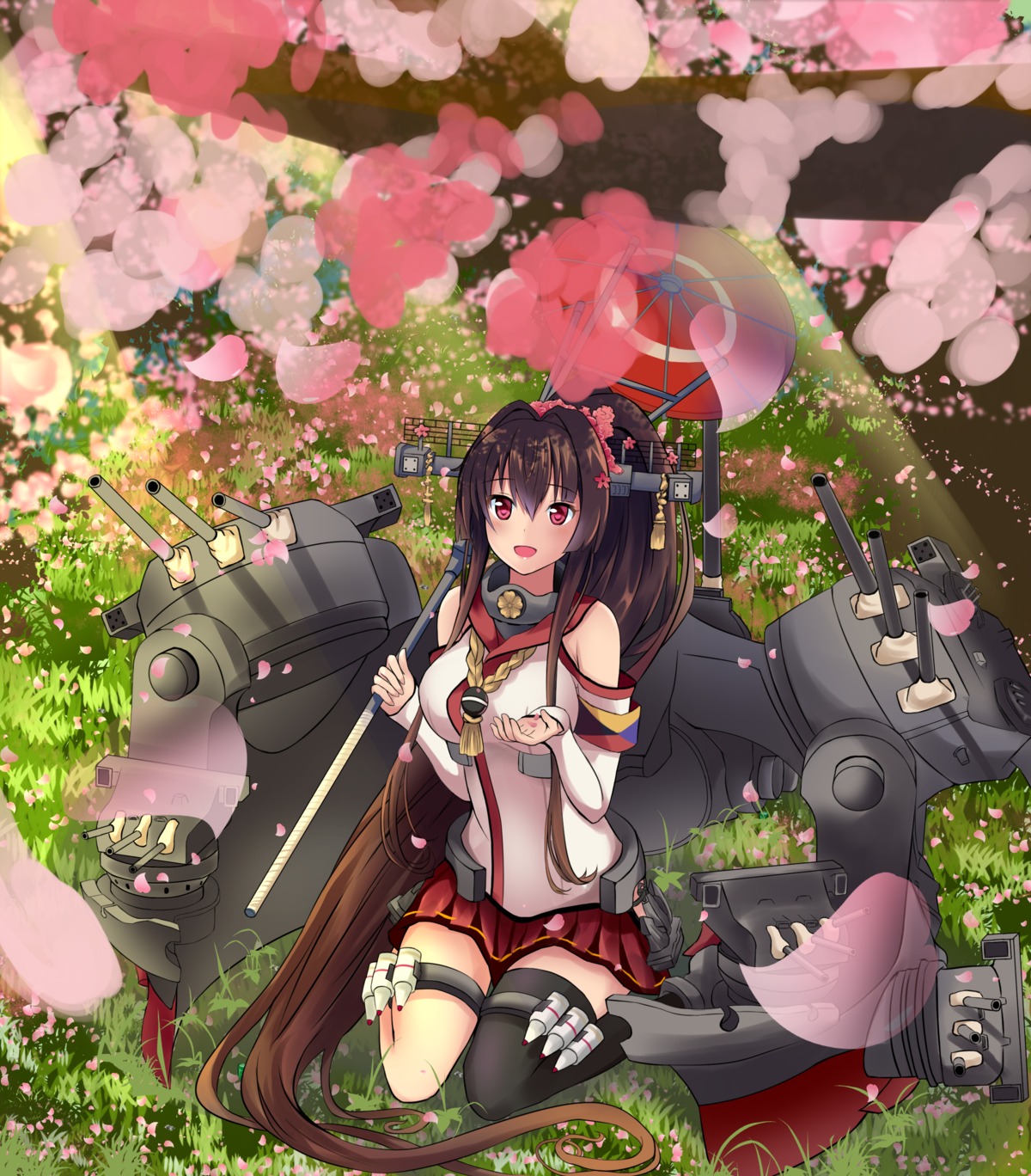 amagami_(makise_tsubaki), kantai_collection, thighhighs, umbrella, yamato_(kancolle)