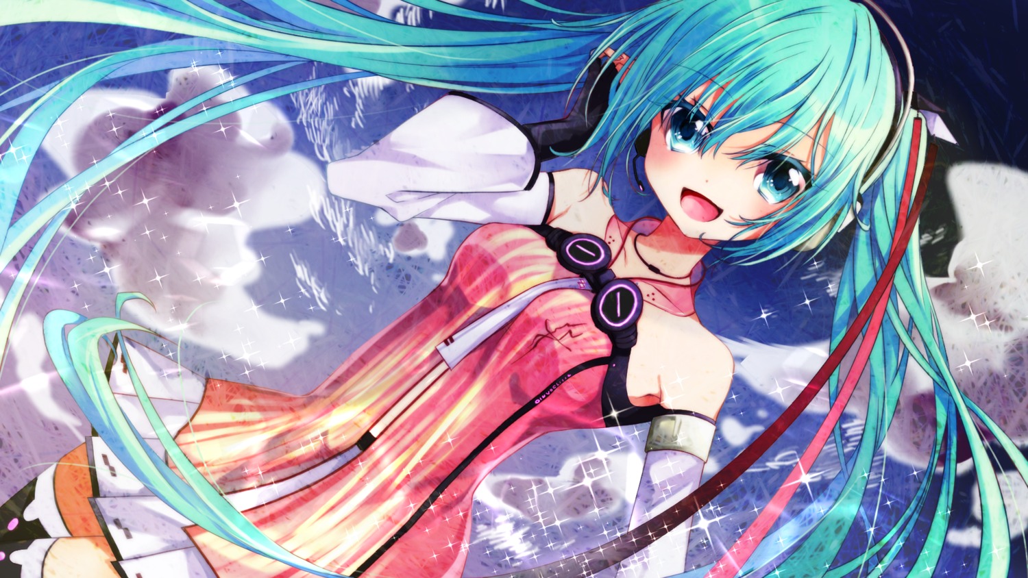 dress, hatsune_miku, headphones, thighhighs, tsukasa_kinako, vocaloid, wallpaper