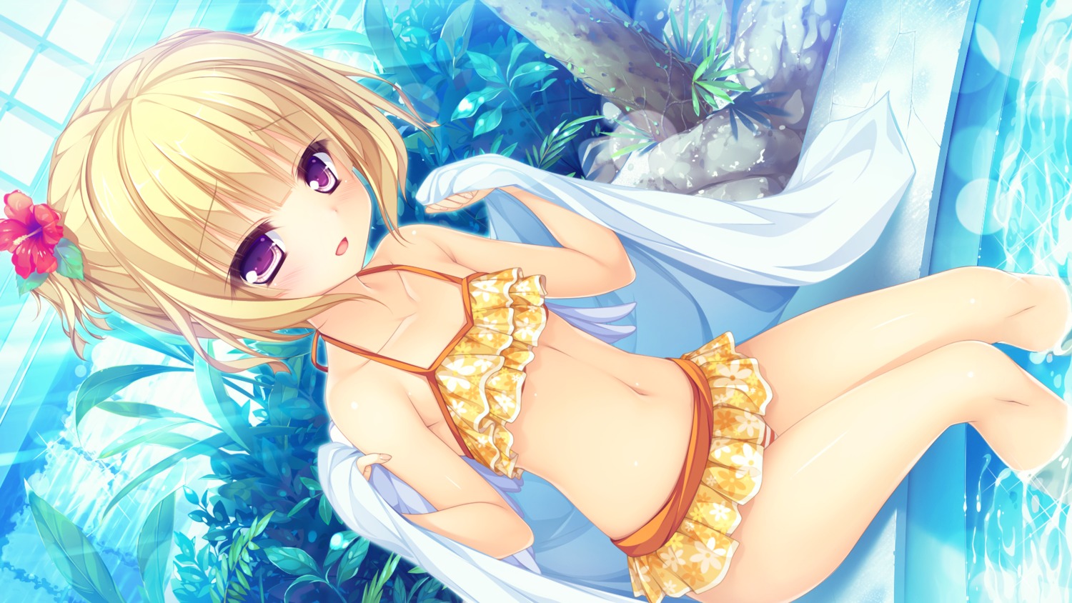 bikini, game_cg, mikagami_mamizu, parfil_(world_election), swimsuits, towel, wet, whirlpool