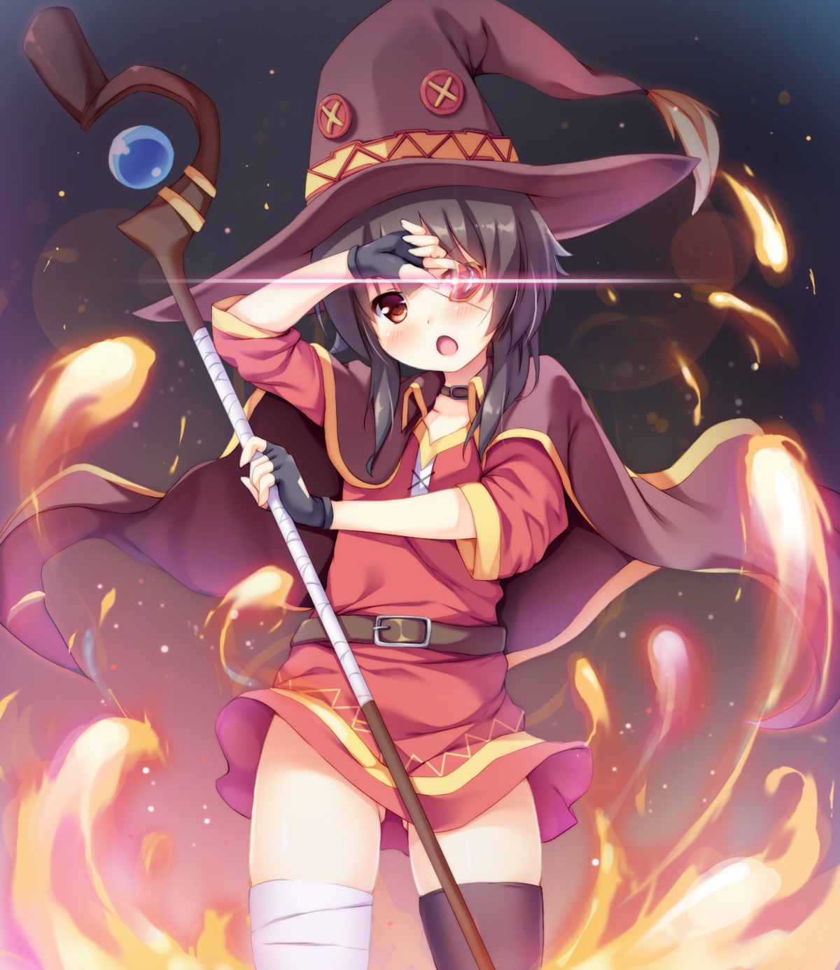 bandages, dress, eyepatch, kono_subarashii_sekai_ni_shukufuku_wo!, kusunoki_(escude), megumin, thighhighs, weapon, witch