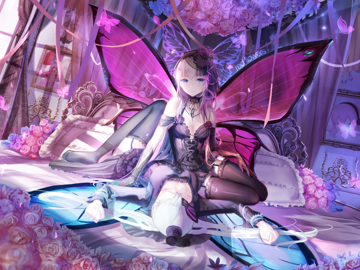 cleavage, dress, hatsune_miku, lolita_fashion, megurine_luka, no_bra, red_flowers, stockings, thighhighs, vocaloid, wings