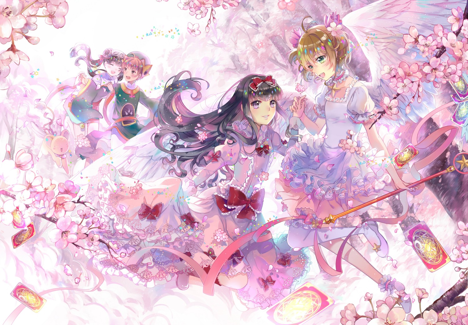 card_captor_sakura, daidouji_tomoyo, dress, ekita_xuan, kinomoto_sakura, li_meiling, li_syaoran, thighhighs, weapon, wings