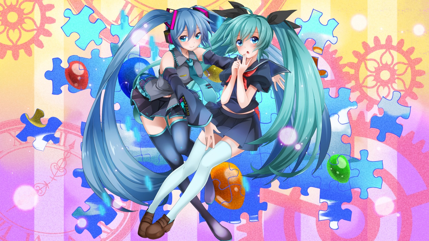 hatsune_miku, headphones, kamimu, seifuku, thighhighs, vocaloid