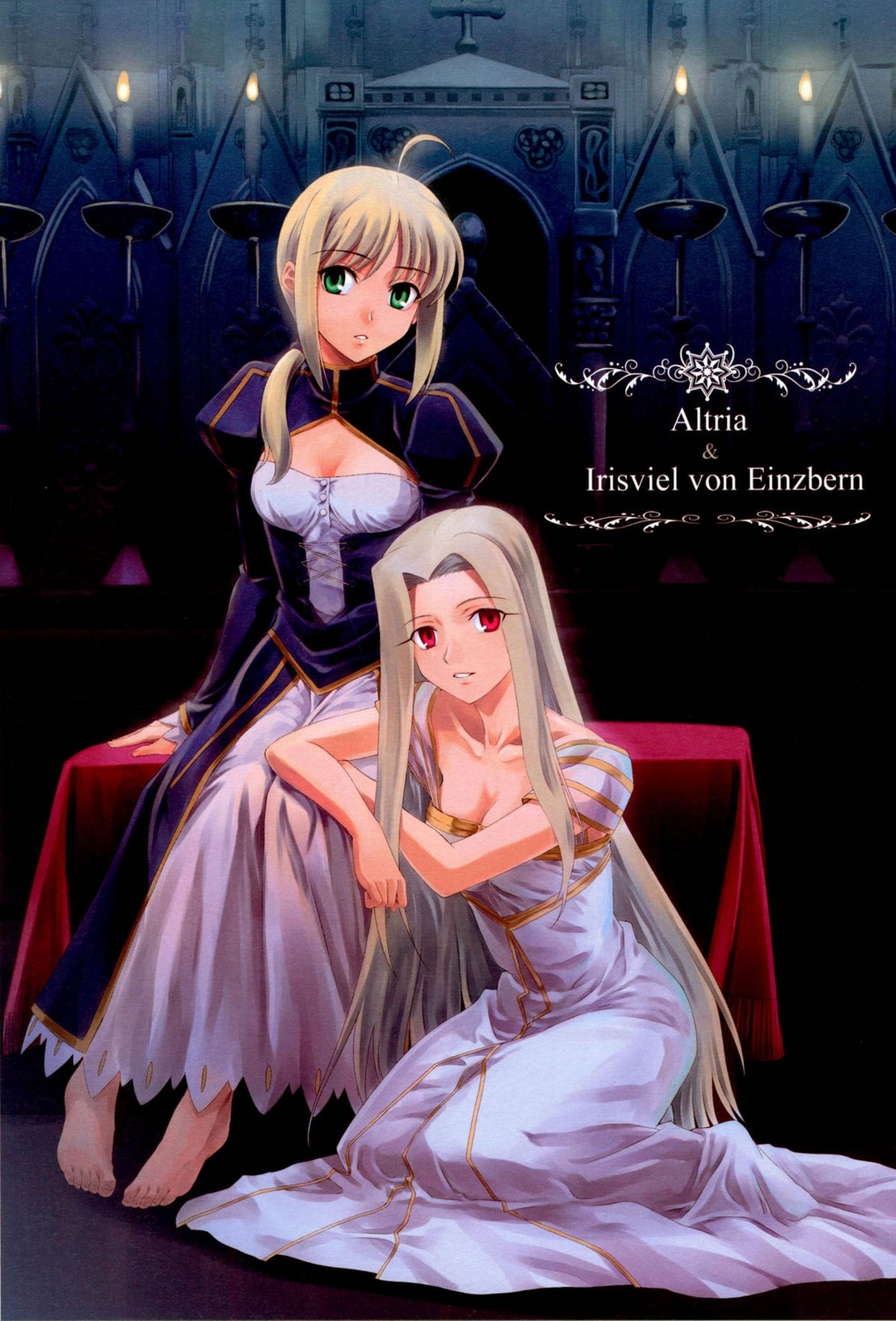 artoria_pendragon_(fate), cleavage, dress, fate/stay_night, irisviel_von_einzbern, paper_texture, shirotsumekusa