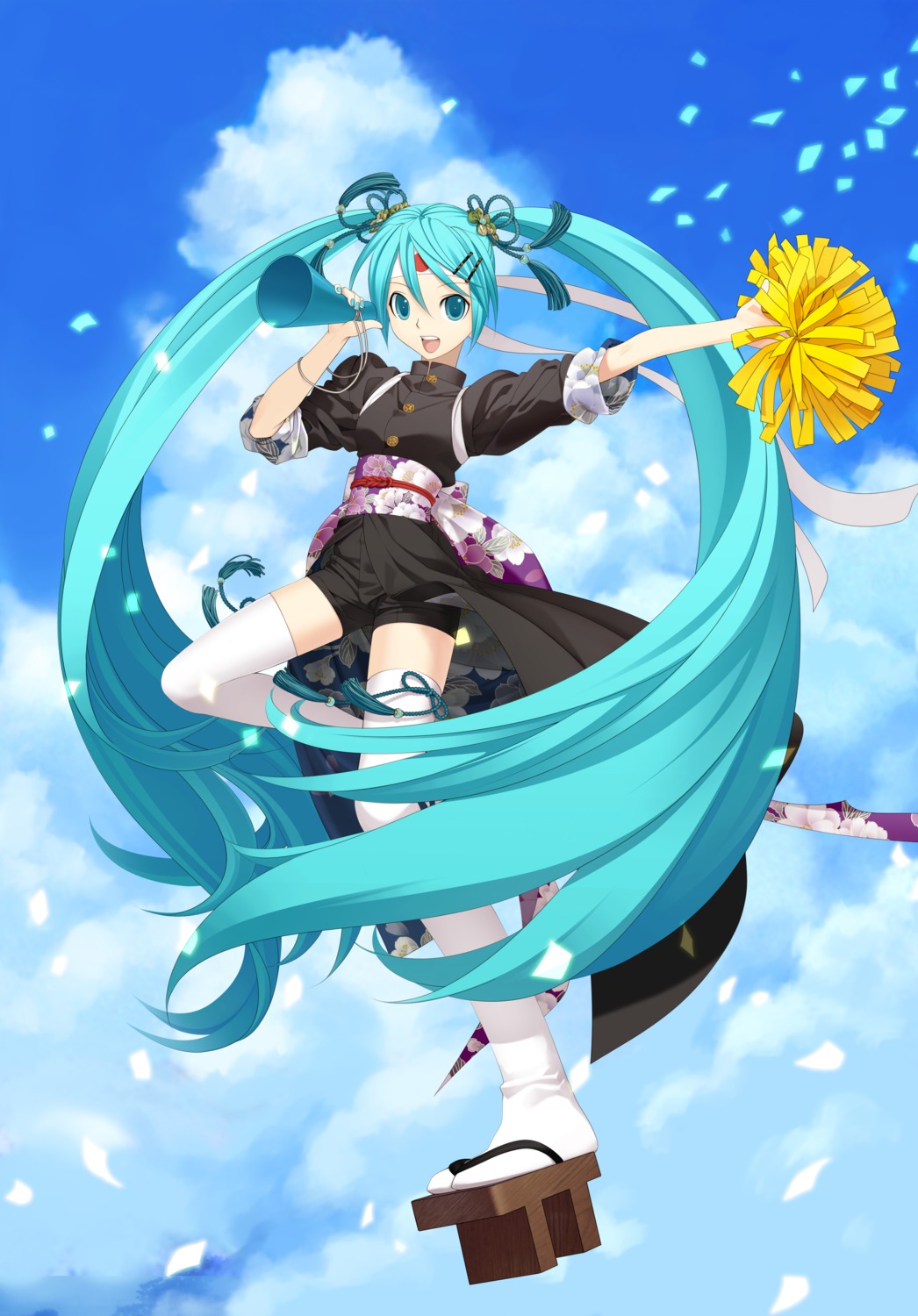 cheerleader, hatsune_miku, japanese_clothes, thighhighs, vocaloid, yuasa_tsugumi