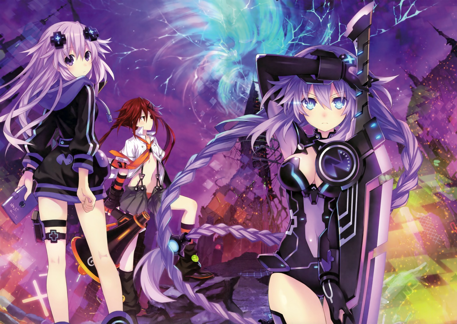 bodysuit, choujigen_game_neptune, cleavage, garter, neptune_(shinjigen_game_neptune_vii), open_shirt, purple_heart, shinjigen_game_neptune_vii, sword, tennouboshi_uzume, tsunako