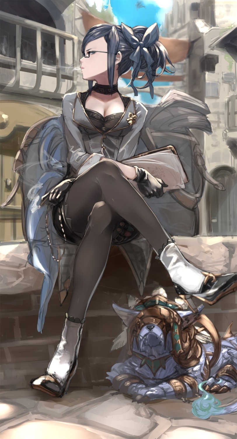 cleavage, granblue_fantasy, heels, kumonji_aruto, megane, pantyhose, smoking