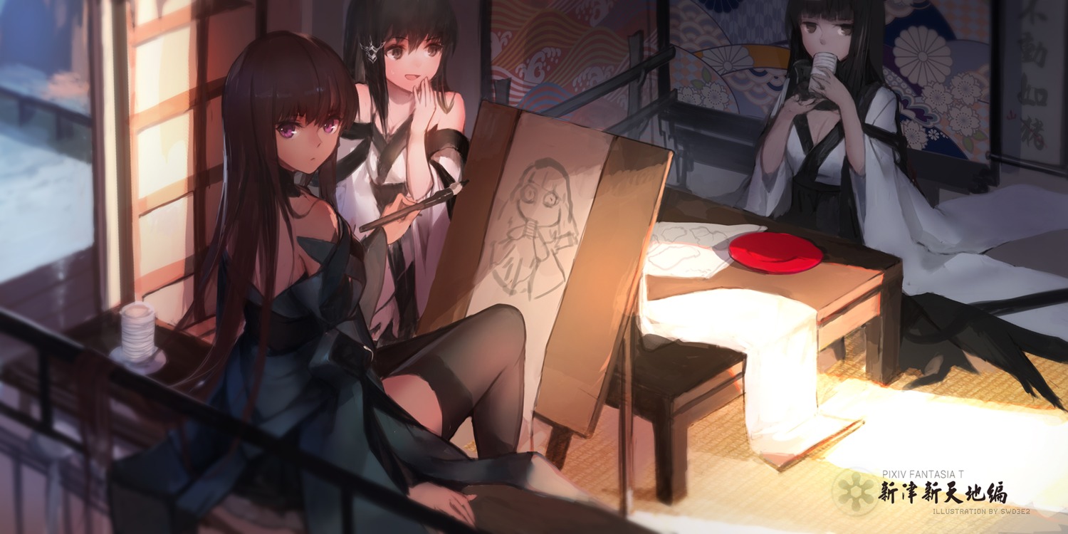 cleavage, japanese_clothes, no_bra, pixiv_fantasia_t, swd3e2, thighhighs